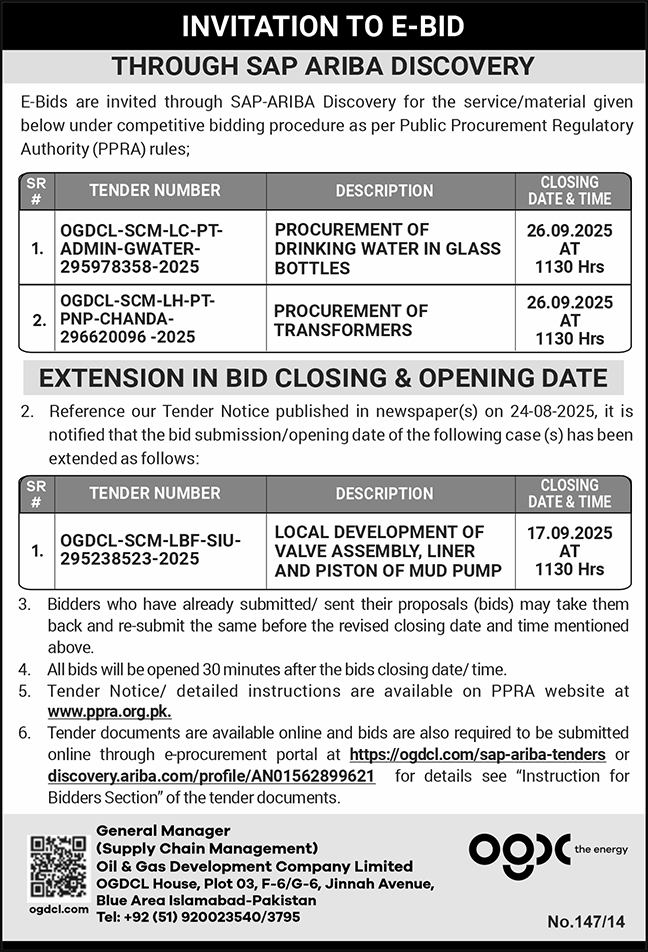 Oil & Gas Development Company Limited Islamabad Tender Notice-1